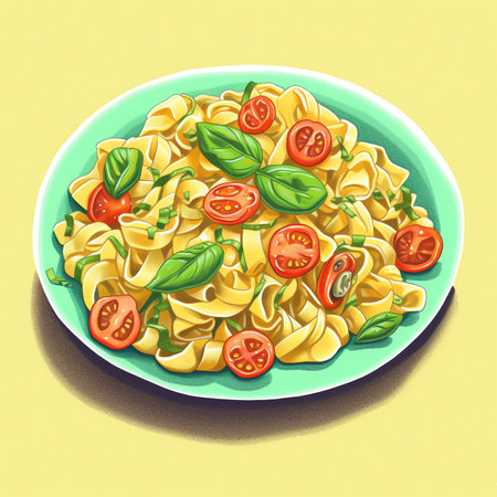 Italian pasta, cherry tomatoes, garlic and basil, on wood texture, hand drawn illustrationの素材
