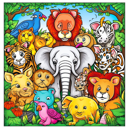 Wild animals with landscape - cute cartoon illustration of crocodile, rhinoceros, elephant, giraffe, leopard, tiger, zebra, monkey, lion, hippo, monkeyの素材