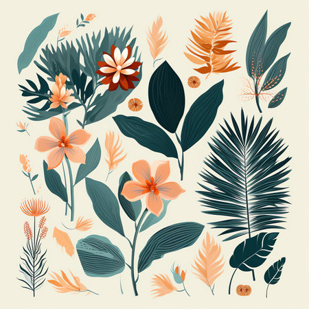 Tropical flowers and leaves collection - illustration in flat style, design template.の素材