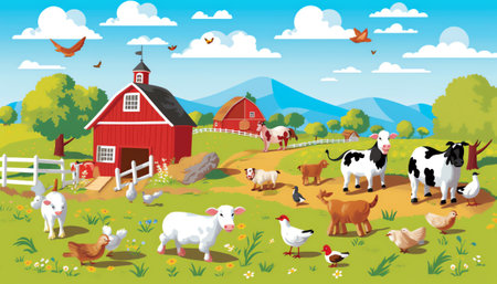 Farm animals with landscape - cute cartoon vector illustration with farm, cow, pig, horse, goat, sheep, ducks, hen, chicken and roosterの素材