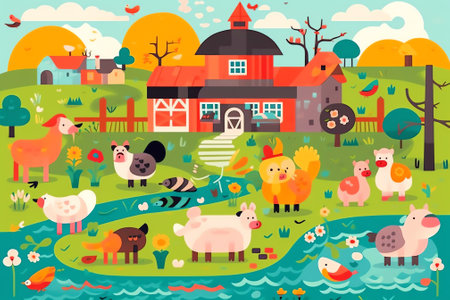 Farm animals with landscape - cow, pig, sheep, horse, rooster, chicken, donkey, hen, goose, duck, goat, cat, dog. Cute cartoon vector illustration in flat styleの素材