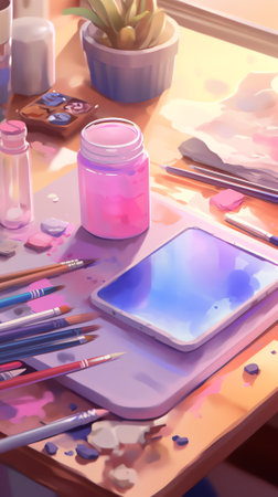 Painting and drawing concept. Palette with colors, sketchbook, pencil and brush on table, cute illustration in flat styleの素材