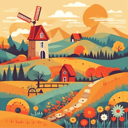 Happy Easter, spring landscape with bench, houses, fields and nature. Greeting card design. Cute vector illustration in flat styleの素材