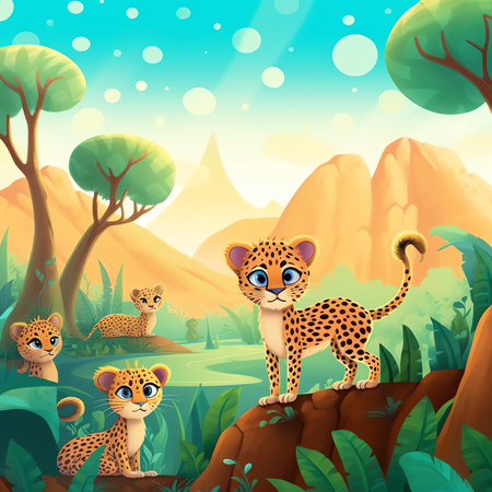 Wild animals with landscape - cute cartoon illustration of leopardの素材