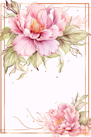Vector card template with beautiful peony flowers and text frameの素材