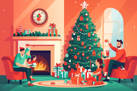 Family decorating Christmas tree at home. Decorated fireplace. Cute vector illustration in flat styleの素材