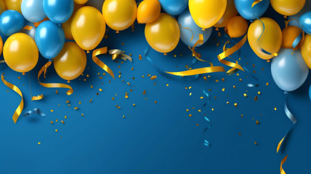Big sale with 3d balloons, realistic blue and yellow air balloons, stars and confetti on blue background. Special offer banner, shop grand opening festive concept. Vector illustrationの素材
