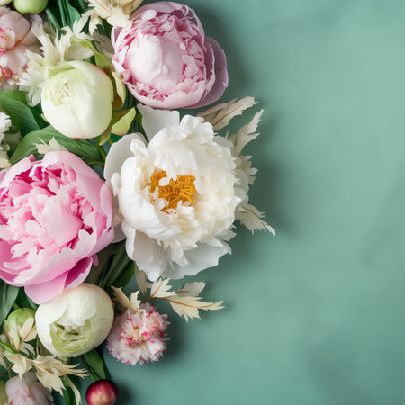 Summer sale vector illustration with hand drawn peony flowers on green wooden texture, design templateの素材