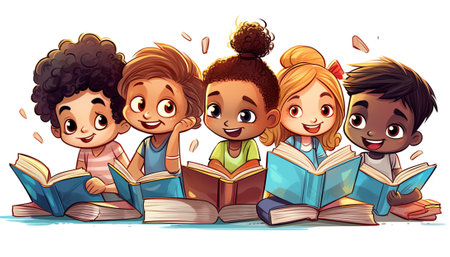Children reading books, little boys and girls of different nationalities. Vector illustration in flat cartoon styleの素材