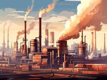 Old factory with smoke and pollution. City landscape, ecological concept. illustration in flat style, design templateの素材