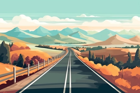 Autumn road. Landscape with mountains and hills. Vector illustration in flat styleの素材