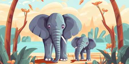 Wild animals with landscape - cute cartoon vector illustration of elephantの素材