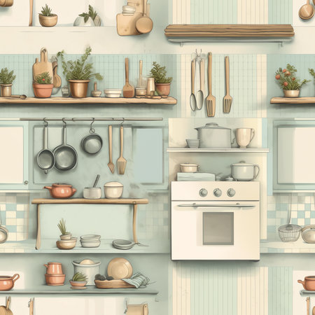 Cozy kitchen interior in french Provencal style. Flat style, vector graphic design templateの素材