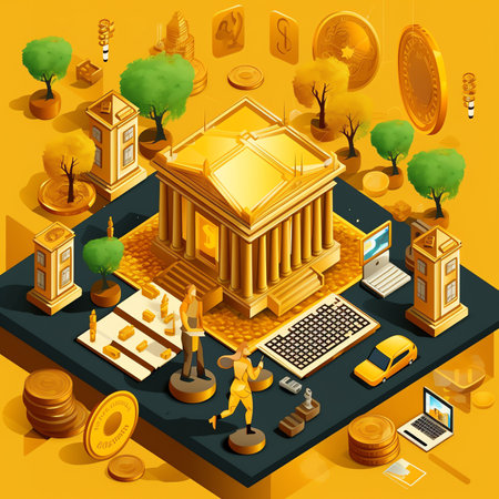 Generative AI Bank building with percent sign and falling money gold coins and paper currency. Bank deposit interest rate offer. Vector illustrationの素材