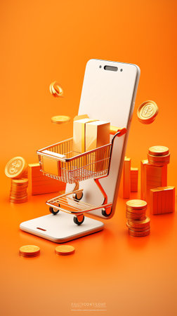 Generative AI Credit card,shopping cart icon and order confirmation icon on computer laptop screen and all floated on round podium,vector 3d isolated on orange background for online shopping advertising designの素材