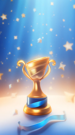 Generative AI 3d winners minimal with golden cup and money coin and bag, gold winner stars on podium background. Award ceremony concept on pedestal with cartoon style. 3d vector render isolated on pastel backgroundの素材