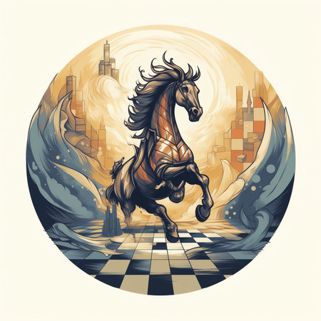 Generative AI Hand holding knight chess piece and attacking queen. Concept of business competition strategy or tactics, strategic move to win game or championship. Modern vector illustration in pseudo 3d style.の素材