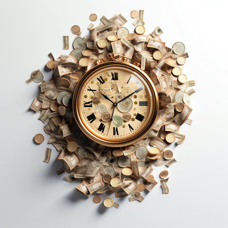Generative AI 3D Clock, Calendar and Golden Coins Isolated. Render Time is Money Concept. Annual Revenue, Financial Investment, Savings, Bank Deposit, Future Income, Business Money Benefit. Vector Illustrationの素材