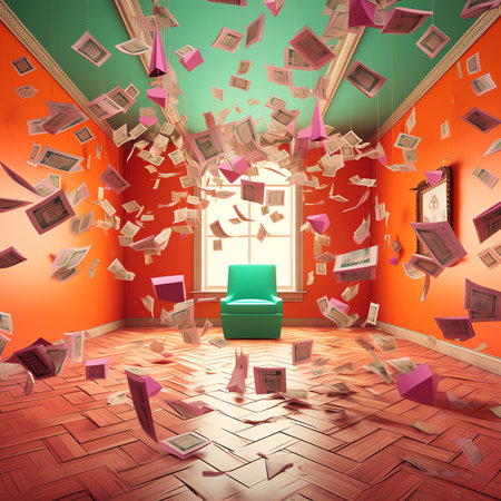 Generative AI You win 3d vector text with flying paper bills. Celebration winning on falling down dollar money background. Giveaway prizes vector banner. Gambling advertising illustration.の素材