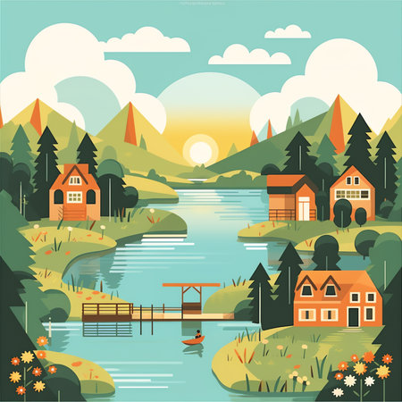 Cute landscape with small house, lake and mountains. Vector illustration in flat styleの素材