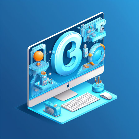 Generative AI 3D Web Vector Illustrations. Online concept. Computer with open pages. e-learning design over background, vector illustration. online courses application. Education and back to school. 3d realistic.の素材