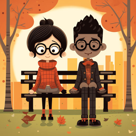 Couple sitting on bench in autumn with coffee. Cute illustration in flat styleの素材