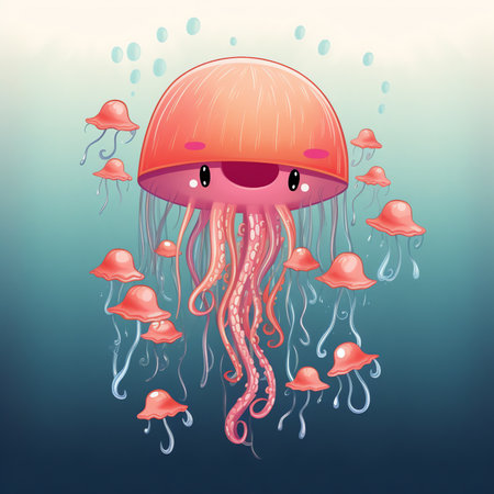 Sea animals with landscape - cute cartoon vector illustration of jellyfish,の素材