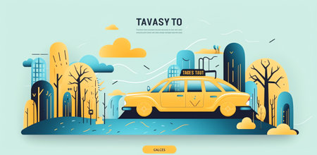 Taxi car with location symbol and city background - illustration in flat style, icon, call a taxi, technologyの素材