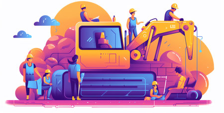 Website construction, web design concept illustration in flat style. People working on website. Characters doing various tasks, teamwork.の素材