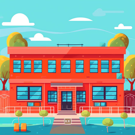 School building. Back to school concept, cute colorful illustration in flat styleの素材