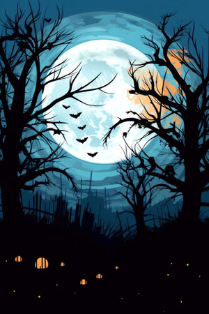 Halloween background with full moon, pumpkins and treesの素材