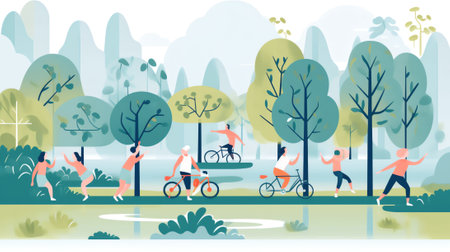 People doing various outdoor activities in the park. Running, cycling, walking the dog, exercising, meditating, walking with baby carriage. Vector concept illustration of healthy lifestyle.の素材