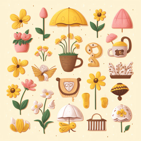Welcome spring elements collection - lettering with cute birds, bees, flowers, butterflies. Easter eggs. Hand drawn flat cartoon elements. Vector illustrationの素材