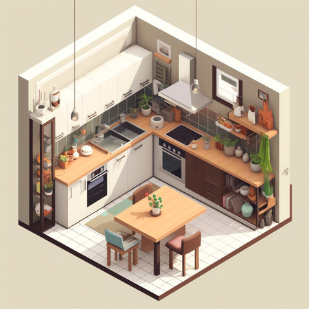 Modern cozy kitchen interior with dining area, flat style, vector graphic design templateの素材