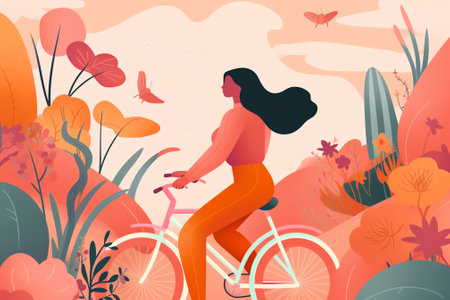 Woman riding a bike in spring with flowers in the basket. Landing page template. Cute vector illustration in flat style.の素材