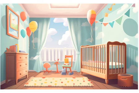 Cozy Nursery interior, baby boy's room, flat style vector illustration templateの素材