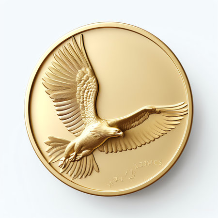 Generative AI 3d flying golden coin with wings isolated on a white background. Vector illustration.の素材