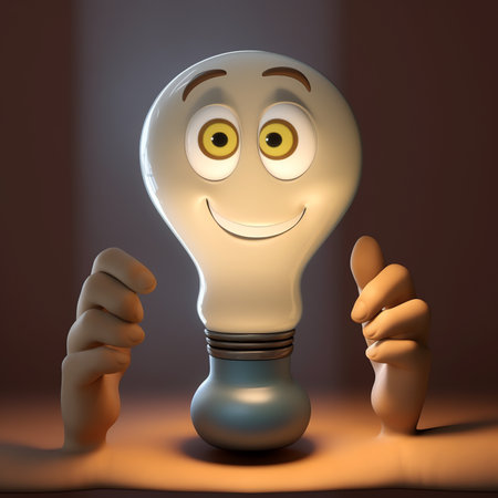 Generative AI 3D Person with creative business idea. Bright lightbulb as smart solution, insight, discovery and invention concept. Happy inventor with light bulb. 3D render vectorの素材