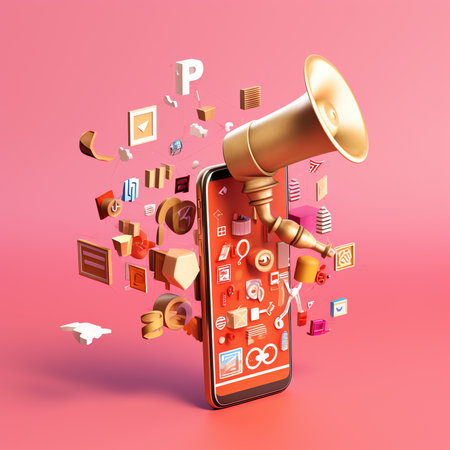 Generative AI Social media creative idea 3d concept with realistic design. Online social network. Business communication applications. Marketing time. In hand Mobile phone with volumetric icons. Vector illustrationの素材