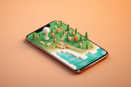 Generative AI Smartphone with map 3D Illustration, 3D Map pins, GPS, navigator pin checking points. 3d Vector illustrationの素材