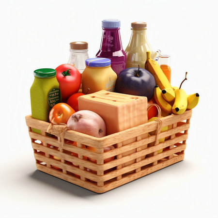 Supermarket grocery basket full of different groceriesの素材
