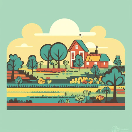 Spring landscape with houses, fields and nature. Decorative garlands. Cute illustration in flat styleの素材