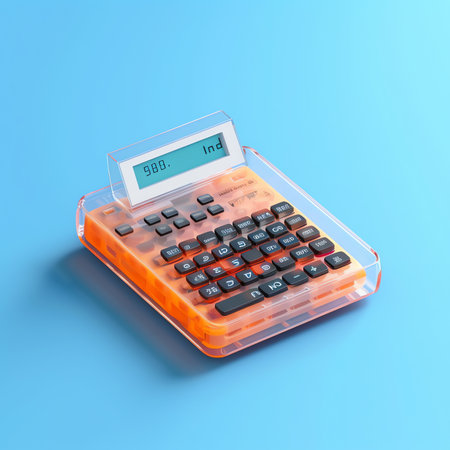 Generative AI Calculator, math device. Financial analytics, bookkeeping, budget, debit, credit calculations concept. 3d vector icon. Cartoon minimal style.の素材