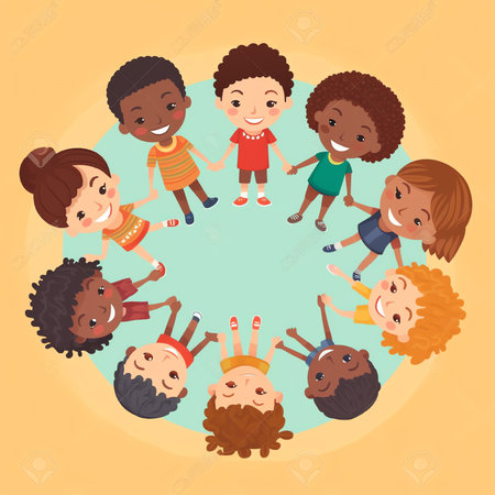 Happy children illustration, different cartoon boys and girls, friendship, cultures, races. Vector illustration in flat styleの素材