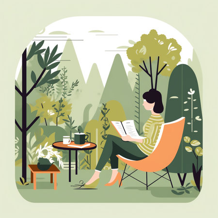 Woman reading book under the tree in spring. Cute vector illustration in flat styleの素材