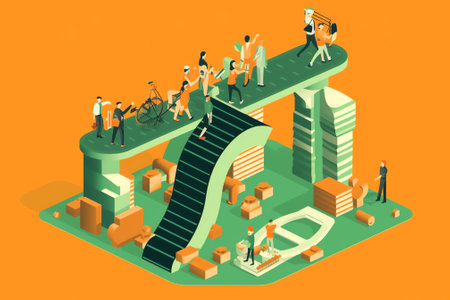 Generative AI Conceptual template with people running on arrow bridge over chasm. Scene for effective crisis management, route to business problem solution. Modern isometric vector illustration for webpage.の素材