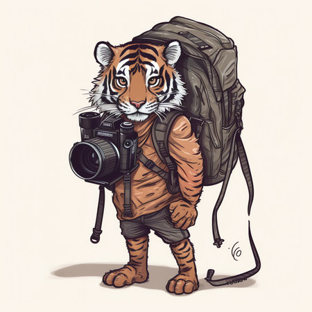 Tiger hiking with Backpack in nature. Summer character, outdoors activity. Cute seasonal vector illustration in flat cartoon styleの素材