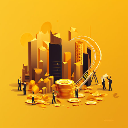 People working on business and career growth. Big golden coins. Characters doing various tasks, teamwork. Vector illustration in flat styleの素材