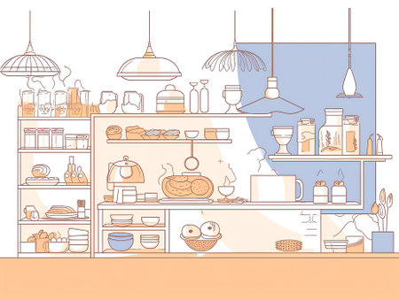 Bakery and coffee - vector illustration with different breads, cookies, cakes, pastry, coffee cups, cappuccino, paper coffee cups, tea cup and tea pot. Illustration design templateの素材