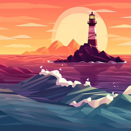 Landscape with lighthouse, summer landscape of ocean shore with mountains. Vector illustration in flat cartoon styleの素材